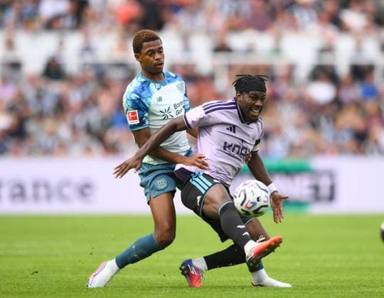 Jeanuel Belocian of Bayer Leverkusen challenges Anthony Elanga of Newcastle United Newcastle United v Bayer Leverkusen, Pre Season Friendly, Football, St James Park, Newcastle, UK - 15 Aug 2026Newcastle St James Park United Kingdom EDITORIAL USE ONLY No use with unauthorised audio, video, data, fixture lists, club league logos or live services. Online in-match use limited to 120 images, no video emulation. No use in betting, games or single club league player publications.  Copyright: xRichardxLee Shutterstockx 17070129ar
