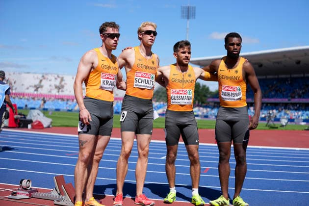 ATHLETICS - European Athletics Championships BIRMINGHAM,ENGLAND,15.AUG.26 - ATHLETICS - European Athletics Championships, 4x100m, relay, Men. Image shows Kevin Kranz, Marvin Schulte, Heiko Gussmann and Lucas Ansah-Peprah (GER).  GEPAxpictures xRanjithxKumar