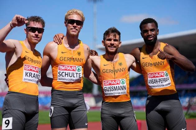 ATHLETICS - European Athletics Championships BIRMINGHAM,ENGLAND,15.AUG.26 - ATHLETICS - European Athletics Championships, 4x100m, relay, Men. Image shows Kevin Kranz, Marvin Schulte, Heiko Gussmann and Lucas Ansah-Peprah (GER).  GEPAxpictures xRanjithxKumar