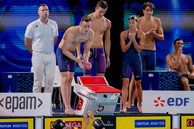 France, Paris, Centre Aquatique Olympique Metropole du Grand Paris, 15.08.2026, European Aquatics Championships, Day 16 - Morning Session, 4x200m Freestyle Mixed Relay, Germany, Timo Sorgius, SC Wiesbaden 1911, Jarno Baeschnitt, Team Bochum and Nicole Maier, Photo by Eibner Pressefoto Tino Henschel European Aquatics Championships, Day 16 - Morning Session Paris *** France, Paris, Centre Aquatique Olympique Metropole du Grand Paris, August 15, 2026, European Aquatics Championships, Day 16 Morning Session, 4x200m Freestyle Mixed Relay, Germany, Timo Sorgius, SC Wiesbaden 1911, Jarno Baeschnitt, Team Bochum, and Nicole Maier, Photo by Eibner Pressefoto Tino Henschel, European Aquatics Championships, Day 16 Morning Session, Paris Copyright: xEibnerxPressefotox