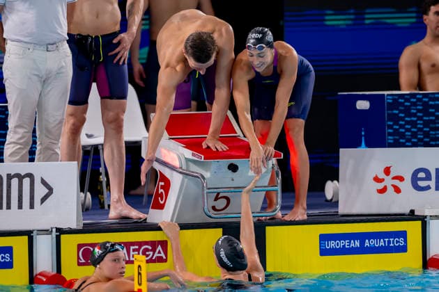 France, Paris, Centre Aquatique Olympique Metropole du Grand Paris, 15.08.2026, European Aquatics Championships, Day 16 - Morning Session, 4x200m Freestyle Mixed Relay, Germany, Jarno Baeschnitt, Team Bochum and Nicole Maier, SC Wiesbaden 1911, Photo by Eibner Pressefoto Tino Henschel European Aquatics Championships, Day 16 - Morning Session Paris *** France, Paris, Centre Aquatique Olympique Metropole du Grand Paris, August 15, 2026, European Aquatics Championships, Day 16 Morning Session, 4x200m Freestyle Mixed Relay, Germany, Jarno Baeschnitt, Team Bochum, and Nicole Maier, SC Wiesbaden 1911, Photo by Eibner Pressefoto Tino Henschel European Aquatics Championships, Day 16 Morning Session, Paris Copyright: xEibnerxPressefotox