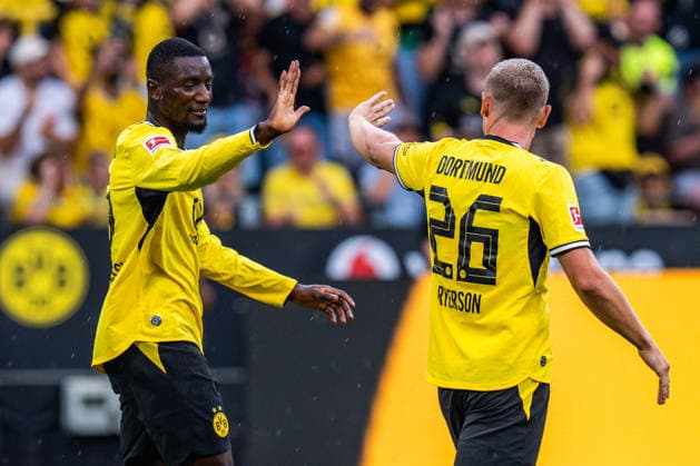 Testspiel, Bundesliga Serie A, Borussia Dortmund vs. AS Rom, 15.08.2026 im Signal Iduna Park Tor zum 1:2 durch Julian Ryerson Serhou Guirassy *** Friendly Match, Bundesliga Serie A, Borussia Dortmund vs. AS Roma, August 15, 2026, at Signal Iduna Park; Goal to make it 1–2 by Julian Ryerson and Serhou Guirassy Copyright: xBahhoxKarax