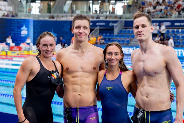 France, Paris, Centre Aquatique Olympique Metropole du Grand Paris, 15.08.2026, European Aquatics Championships, Day 16 - Morning Session, 4x200m Freestyle Mixed Relay, Germany, Maya Tobehn, Dresdner SC, Jarno Baeschnitt, Team Bochum, Nicole Maier and Timo Sorgius, SC Wiesbaden 1911, Photo by Eibner Pressefoto Tino Henschel European Aquatics Championships, Day 16 - Morning Session Paris *** France, Paris, Centre Aquatique Olympique Metropole du Grand Paris, August 15, 2026, European Aquatics Championships, Day 16 Morning Session, 4x200m Freestyle Mixed Relay, Germany, Maya Tobehn, Dresdner SC, Jarno Baeschnitt, Team Bochum, Nicole Maier and Timo Sorgius, SC Wiesbaden 1911, Photo by Eibner Pressefoto Tino Henschel European Aquatics Championships, Day 16 Morning Session, Paris Copyright: xEibnerxPressefotox
