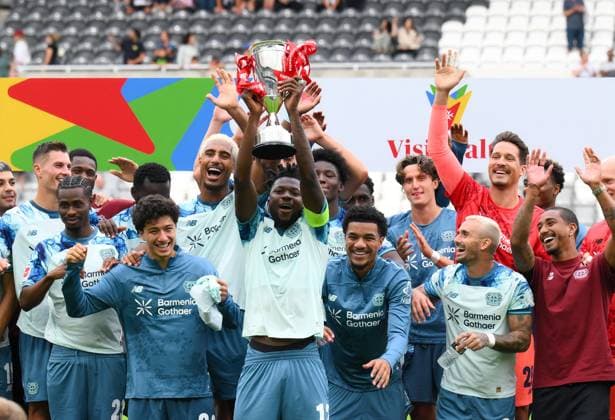 Edmond Tapsoba of Bayer Leverkusen lifts the Visit Malta trophy Newcastle United v Bayer Leverkusen, Pre Season Friendly, Football, St James Park, Newcastle, UK - 15 Aug 2026Newcastle St James Park United Kingdom EDITORIAL USE ONLY No use with unauthorised audio, video, data, fixture lists, club league logos or live services. Online in-match use limited to 120 images, no video emulation. No use in betting, games or single club league player publications.  Copyright: xRichardxLee Shutterstockx 17070129at