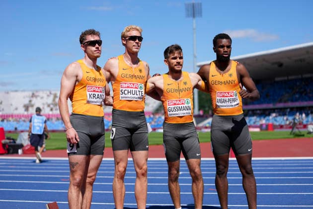 ATHLETICS - European Athletics Championships BIRMINGHAM,ENGLAND,15.AUG.26 - ATHLETICS - European Athletics Championships, 4x100m, relay, Men. Image shows Kevin Kranz, Marvin Schulte, Heiko Gussmann and Lucas Ansah-Peprah (GER).  GEPAxpictures xRanjithxKumar