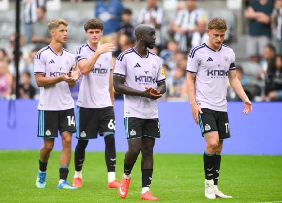 Yoane Wisse of Newcastle United (centre) with Harvey Barnes of Newcastle United (right) Newcastle United v Bayer Leverkusen, Pre Season Friendly, Football, St James Park, Newcastle, UK - 15 Aug 2026Newcastle St James Park United Kingdom EDITORIAL USE ONLY No use with unauthorised audio, video, data, fixture lists, club league logos or live services. Online in-match use limited to 120 images, no video emulation. No use in betting, games or single club league player publications.  Copyright: xRichardxLee Shutterstockx 17070129av