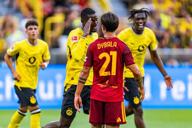 Testspiel, Bundesliga Serie A, Borussia Dortmund vs. AS Rom, 15.08.2026 im Signal Iduna Park Tor zum 2:2 durch Serhou Guirassy nach Vorlage von Julian Ryerson *** Friendly match, Bundesliga Serie A, Borussia Dortmund vs. AS Roma, August 15, 2026, at Signal Iduna Park. Serhou Guirassy scores the 2-2 goal off an assist from Julian Ryerson. Copyright: xBahhoxKarax