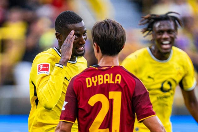 Testspiel, Bundesliga Serie A, Borussia Dortmund vs. AS Rom, 15.08.2026 im Signal Iduna Park Tor zum 2:2 durch Serhou Guirassy nach Vorlage von Julian Ryerson *** Friendly match, Bundesliga Serie A, Borussia Dortmund vs. AS Roma, August 15, 2026, at Signal Iduna Park. Serhou Guirassy scores the 2-2 goal off an assist from Julian Ryerson. Copyright: xBahhoxKarax