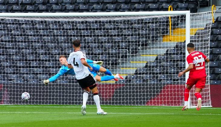 Fulham goalkeeper Bernd Leno denies Badredine Bouanani of Stuttgart Fulham v Stuttgart, Pre Season Friendly, Football, Craven Cottage, London, UK - 15 Aug 2026London Craven Cottage United Kingdom EDITORIAL USE ONLY No use with unauthorised audio, video, data, fixture lists, club league logos or live services. Online in-match use limited to 120 images, no video emulation. No use in betting, games or single club league player publications.  Copyright: xJavierxGarcia Shutterstockx 17070137as