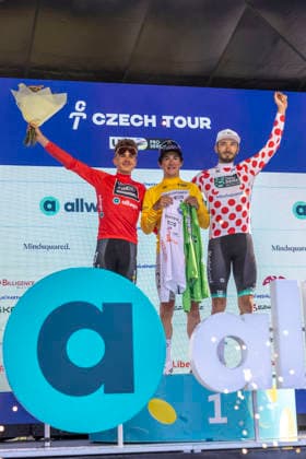 Czech Tour cycling race, Stage 3, at Dlouhe strane, Loucna nad Desnou, Czech Republic, on August 15, 2026. Jersey leaders after Stage 3 on the podium, from left: Vaclav Jezek of Kasper crypto4me team, stage winner Andrew August of Netcompany INEOS team and Michal Schuran of United Shipping team. (CTKxPhoto StanislavxHelona) CTKPhotoP2026081504392  CTKPhotoP2026081504392