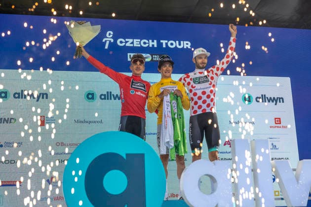 Czech Tour cycling race, Stage 3, at Dlouhe strane, Loucna nad Desnou, Czech Republic, on August 15, 2026. Jersey leaders after Stage 3 on the podium, from left: Vaclav Jezek of Kasper crypto4me team, stage winner Andrew August of Netcompany INEOS team and Michal Schuran of United Shipping team. (CTKxPhoto StanislavxHelona) CTKPhotoP2026081504393  CTKPhotoP2026081504393