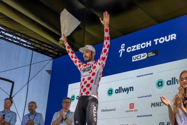 Czech Tour cycling race, Stage 3, at Dlouhe strane, Loucna nad Desnou, Czech Republic, on August 15, 2026. Jersey leaders after Stage 3 on the podium: Michal Schuran of United Shipping team. (CTKxPhoto StanislavxHelona) CTKPhotoP2026081504394  CTKPhotoP2026081504394
