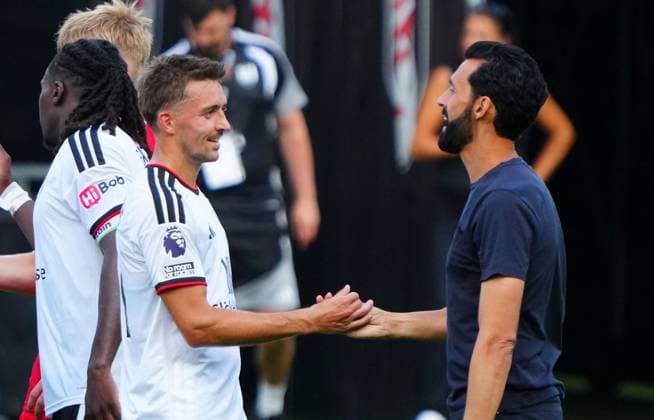 Fulham Manager Alvaro Arbeloa congratulates match winner Timothy Castagne at full time Fulham v Stuttgart, Pre Season Friendly, Football, Craven Cottage, London, UK - 15 Aug 2026London Craven Cottage United Kingdom EDITORIAL USE ONLY No use with unauthorised audio, video, data, fixture lists, club league logos or live services. Online in-match use limited to 120 images, no video emulation. No use in betting, games or single club league player publications.  Copyright: xJavierxGarcia Shutterstockx 17070137ax