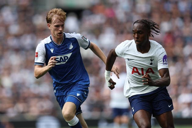 RECORD DATE NOT STATED 15th August 2026; Tottenham Hotspur Stadium, London, England; Friendly Football, Tottenham Hotspur versus TSG Hoffenheim; Mats Rots of TSG Hoffenheim and Mathys Tel of Tottenham Hotspur KatiexChan