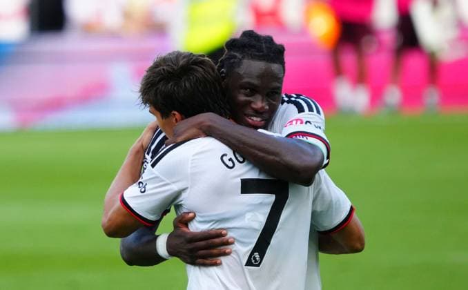 Calvin Bassey hugs Gonzalo Garcia of Fulham at full time Fulham v Stuttgart, Pre Season Friendly, Football, Craven Cottage, London, UK - 15 Aug 2026London Craven Cottage United Kingdom EDITORIAL USE ONLY No use with unauthorised audio, video, data, fixture lists, club league logos or live services. Online in-match use limited to 120 images, no video emulation. No use in betting, games or single club league player publications.  Copyright: xJavierxGarcia Shutterstockx 17070137ay