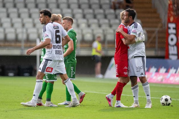 SOCCER - BL, A.Lustenau vs WAC LUSTENAU,AUSTRIA,15.AUG.26 - SOCCER - ADMIRAL Bundesliga, SC Austria Lustenau vs Wolfsberger AC. Image shows Raffael Behounek (WAC), Fabian Gmeiner, Pius Grabher, Domenik Schierl (A.Lustenau)and Markus Pink (WAC).  GEPAxpictures xOliverxLerch