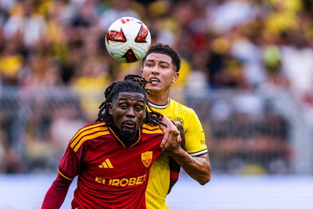 Testspiel, Bundesliga Serie A, Borussia Dortmund vs. AS Rom, 15.08.2026 im Signal Iduna Park Manu Kone Jobe Bellingham *** Friendly Match, Bundesliga Serie A, Borussia Dortmund vs. AS Roma, August 15, 2026, at Signal Iduna Park: Manu Kone, Jobe Bellingham Copyright: xBahhoxKarax
