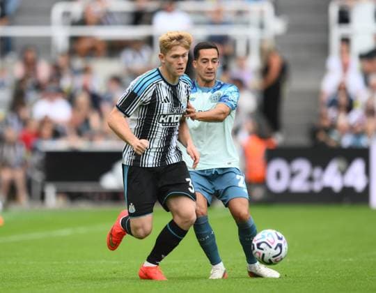 Lewis Hall of Newcastle United Newcastle United v Bayer Leverkusen, Pre Season Friendly, Football, St James Park, Newcastle, UK - 15 Aug 2026Newcastle St James Park United Kingdom EDITORIAL USE ONLY No use with unauthorised audio, video, data, fixture lists, club league logos or live services. Online in-match use limited to 120 images, no video emulation. No use in betting, games or single club league player publications.  Copyright: xRichardxLee Shutterstockx 17070129bf