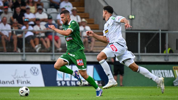 SOCCER - BL, A.Lustenau vs WAC LUSTENAU,AUSTRIA,15.AUG.26 - SOCCER - ADMIRAL Bundesliga, SC Austria Lustenau vs Wolfsberger AC. Image shows Antonio Verinac (A.Lustenau) and Raffael Behounek (WAC).  GEPAxpictures xOliverxLerch