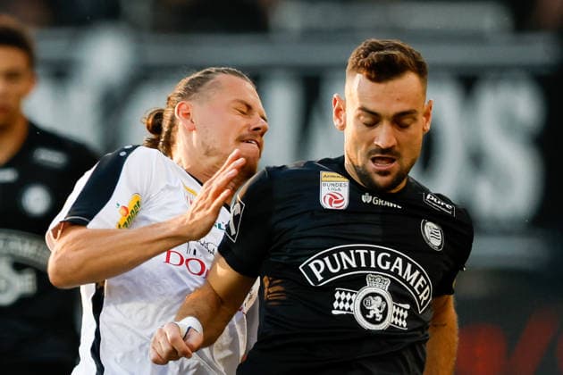 SOCCER - BL, Sturm vs Altach GRAZ,AUSTRIA,15.AUG.26 - SOCCER - ADMIRAL Bundesliga, SK Sturm Graz vs SCR Altach. Image shows Patrick Sebastian Greil (Altach) and Juergen Heil (Sturm).  GEPAxpictures xJamesxDoak