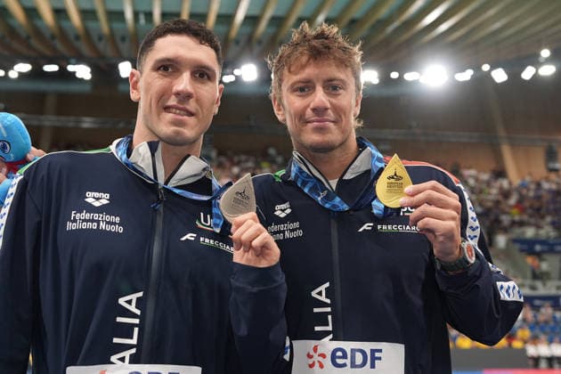 Simone Cerasuolo silver medal and gold medal NicolÃ² Martinenghi from Italy Men s 50m Breaststroke Final at the Swimming European Aquatics Championships Paris 2026, Paris, August 15, 2026 .  Copyright: xGianxMattiaxD Alberto LaPressex