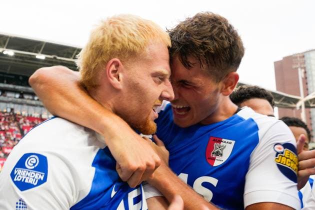UTRECHT , 15-08-2026, Stadion Galgenwaard , season 2026 2027 , Dutch Eredivisie football , match between FC Utrecht and AZ, Picture shows AZ player Mexx Meerdink and AZ player Lewis Schouten celebrating the 0-3 Utrecht - AZ  x205744294x Copyright: