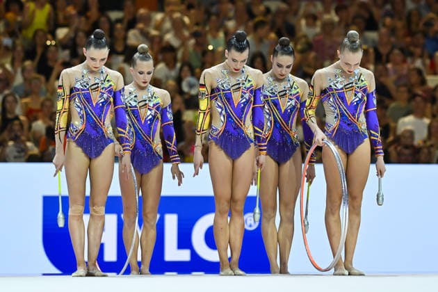 Gruppe Deutschland (v.l.) Helena Ripken, Anja Kosan, Alisa Datsenko, Anna-Maria Shatokhin und Alina Ott - Weltmeisterschaften Rhythmische Sportgymnastik - Mehrkampf Gruppe, 15.08.2026 Weltmeisterschaften Rhythmische Sportgymnastik - Mehrkampf Gruppe, 15.08.2026, Frankfurt *** Germany Team (from left): Helena Ripken, Anja Kosan, Alisa Datsenko, Anna Maria Shatokhin, and Alina Ott Rhythmic Gymnastics World Championships Group All-Around, August 15, 2026 Rhythmic Gymnastics World Championships Group All-Around, August 15, 2026, Frankfurt Copyright: xEibner-Pressefoto xHoepnerx EP_PHR