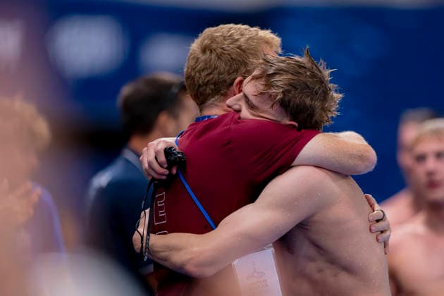 France, Paris, Centre Aquatique Olympique Metropole du Grand Paris, 15.08.2026, European Aquatics Championships, Day 16 - Final Session, Johannes Liebmann, SC Magdeburg und Trainer Bernd Berkhahn, Germany, Photo by Eibner Pressefoto Tino Henschel European Aquatics Championships, Day 16 - Final Session Paris *** France, Paris, Centre Aquatique Olympique Metropole du Grand Paris, August 15, 2026, European Aquatics Championships, Day 16 Final Session, Johannes Liebmann, SC Magdeburg, and Coach Bernd Berkhahn, Germany, Photo by Eibner Pressefoto Tino Henschel, European Aquatics Championships, Day 16 Final Session, Paris Copyright: xEibnerxPressefotox
