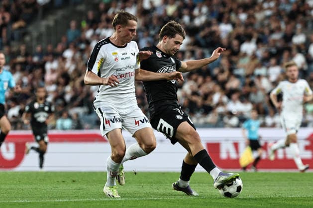 SOCCER - BL, Sturm vs Altach GRAZ,AUSTRIA,15.AUG.26 - SOCCER - ADMIRAL Bundesliga, SK Sturm Graz vs SCR Altach. Image shows Benjamin Boeckle (Altach) and Simon Seidl (Sturm).  GEPAxpictures xChrisxBauer