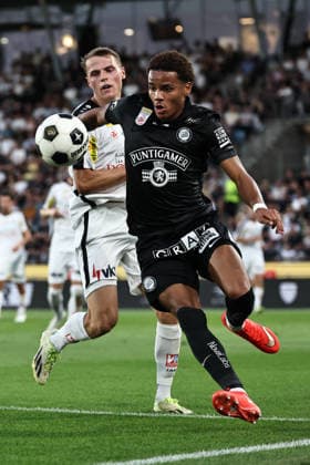 SOCCER - BL, Sturm vs Altach GRAZ,AUSTRIA,15.AUG.26 - SOCCER - ADMIRAL Bundesliga, SK Sturm Graz vs SCR Altach. Image shows Axel Kayombo (Sturm) and Benjamin Boeckle (Altach).  GEPAxpictures xChrisxBauer