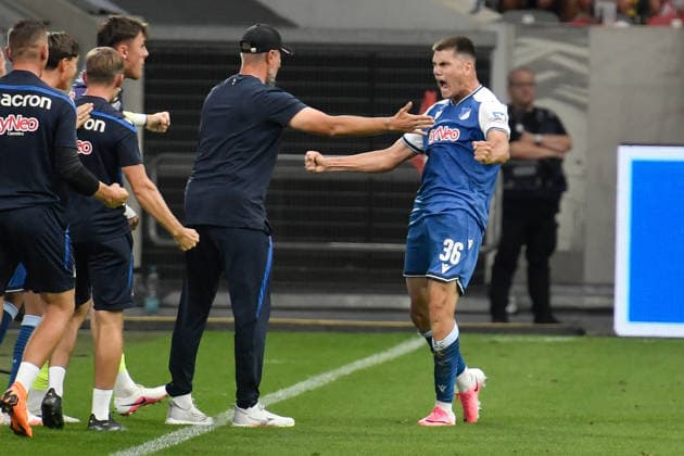 Jakov Dedic (Hoffenheim 36) jubelt nach dem Tor zum 0:2 vor Stefan Kleineheismann (Hoffenheim) 15.08.2026 ¢ Fussball ¢ Fortuna Duesseldorf vs TSG 1899 Hoffenheim II, Merkur Spiel-Arena, Duesseldorf, DFB DFL REGULATIONS PROHIBIT ANY USE OF PHOTOGRAPHS AS IMAGE SEQUENCES AND OR QUASI-VIDE NRW Germany *** Jakov Dedic (Hoffenheim 36) celebrates after scoring the goal to make it 0–2 in front of Stefan Kleineheismann (Hoffenheim 15) on August 8, 2026 ¢ Soccer ¢ Fortuna Düsseldorf vs. TSG 1899 Hoffenheim II, Merkur Spiel Arena, Düsseldorf, DFB DFL regulations prohibit any use of photographs as image sequences and or quasi-video. NRW, Germany Copyright: xpepphotox xSaschaxWeizx pep00321, pep_20260815_hm_55690