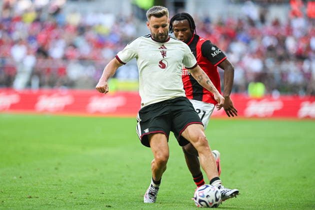 15.08.2026 Wroclaw, Poland. Manchester United, ManU take on AC Milan during the pre-season friendly match at Tarczynski Arena Wroclaw. --- Mecz towarzyski. Manchester United - AC Milan na Tarczynski Arena Wroclaw. Persons Shown: Luke Shaw Fot. Antoni Dec Arena Akcji NEWSPIX.PL --- newspix.pl 