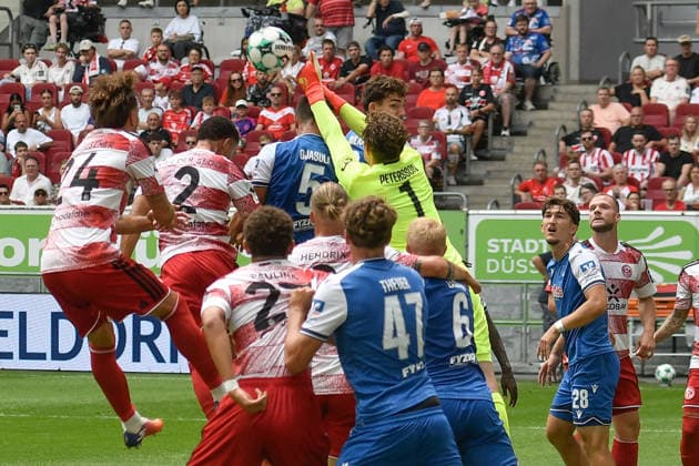 Lukas Petersson (Hoffenheim 1) vereitelt Torchance von Duesseldorf 15.08.2026 ¢ Fussball ¢ Fortuna Duesseldorf vs TSG 1899 Hoffenheim II, Merkur Spiel-Arena, Duesseldorf, DFB DFL REGULATIONS PROHIBIT ANY USE OF PHOTOGRAPHS AS IMAGE SEQUENCES AND OR QUASI-VIDE NRW Germany *** Lukas Petersson of Hoffenheim 1 thwarts a scoring chance by Düsseldorf 15 08 2026 ¢ Soccer ¢ Fortuna Düsseldorf vs. TSG 1899 Hoffenheim II, Merkur Spiel Arena, Düsseldorf, DFB and DFL regulations prohibit any use of photographs as image sequences and or quasi-video. NRW, Germany Copyright: xpepphotox xSaschaxWeizx pep00321, pep_20260815_hm_55110
