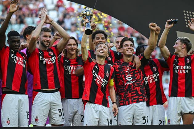 15.08.2026 Wroclaw, Poland. Manchester United, ManU take on AC Milan during the pre-season friendly match at Tarczynski Arena Wroclaw. --- Mecz towarzyski. Manchester United - AC Milan na Tarczynski Arena Wroclaw. Persons Shown: AC Milan Luka Modric Ardon Jashari Strahinja Pavlovic Sankhoun Diawara Samuel Chukwueze Fot. Antoni Dec Arena Akcji NEWSPIX.PL --- newspix.pl 