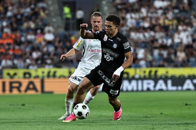 SOCCER - BL, Sturm vs Altach GRAZ,AUSTRIA,15.AUG.26 - SOCCER - ADMIRAL Bundesliga, SK Sturm Graz vs SCR Altach. Image shows Patrick Greil (Altach) and Jacob Hoedl (Sturm).  GEPAxpictures xChrisxBauer