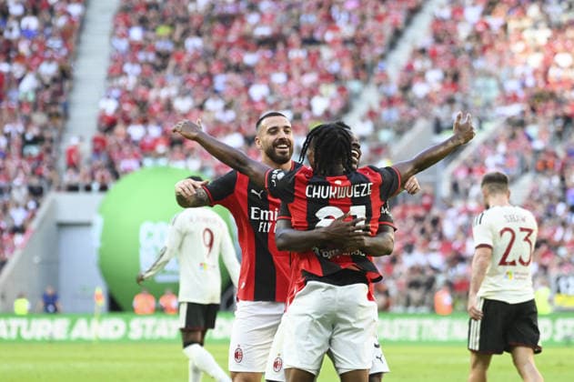 SOCCER - Friendly Match - Manchester United, ManU vs. AC Milan Photo by IPA ABACAPRESS.COM87510784 - Samuel Chukwueze (Milan) and players celebrating after a goal during the friendly match between Manchester United and AC Milan at the Arena Tarczynski in Wroclaw, Poland, on August 15, 2026 Wroclaw Poland  Copyright: xIPAxSport ABACAx
