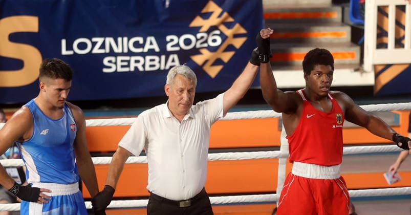 15.08.2026 Loznica(Serbia) European Junior U19 boxing championship Man s -90kg Aleksander Sikora(L) Poland,Leonids Hanevics(C) Latvian referee raise up hand of Junior Yoan Hernandez (R) Germany :