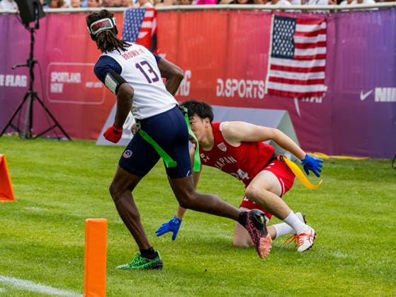 24 KENTO NISHIDA ( DB WR ) Team Japan Men and 13 Velton Brown Jr (WR DB) Team USA Men out the field. Team Japan Men vs Team USA Men, Flag Football , IFAF, WM, 2026, 13.08-16.08.26, Düsseldorf Flag Football Komplex Düsseldor Germany Copyright: xPFA ChristopherxMettkenx