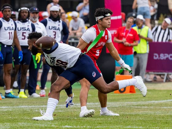 88 Ja Deion High (WR DB) Team USA Men first down. Team Japan Men vs Team USA Men, Flag Football , IFAF, WM, 2026, 13.08-16.08.26, Düsseldorf Flag Football Komplex Düsseldor Germany Copyright: xPFA ChristopherxMettkenx