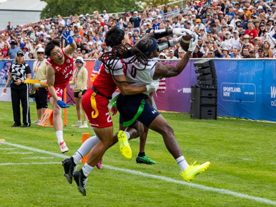 Catch the extra point from 0 Tyler Davis (WR RSH) Team USA Men Team Japan Men vs Team USA Men, Flag Football , IFAF, WM, 2026, 13.08-16.08.26, Düsseldorf Flag Football Komplex Düsseldor Germany Copyright: xPFA ChristopherxMettkenx