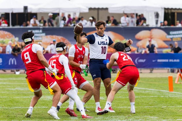 15 RYOHEI UEMATSU ( DB WR ) Team Japan Men and 24 KENTO NISHIDA ( DB WR ) Team Japan Men stop 10 Nicholas Nico Casares (QB) Team USA Men Team Japan Men vs Team USA Men, Flag Football , IFAF, WM, 2026, 13.08-16.08.26, Düsseldorf Flag Football Komplex Düsseldor Germany Copyright: xPFA ChristopherxMettkenx