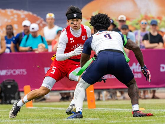 9 Justin McMullen (DB C) Team USA Men tackle 5 RYOSUKE MATSUO ( WR DB ) Team Japan Men Team Japan Men vs Team USA Men, Flag Football , IFAF, WM, 2026, 13.08-16.08.26, Düsseldorf Flag Football Komplex Düsseldor Germany Copyright: xPFA ChristopherxMettkenx