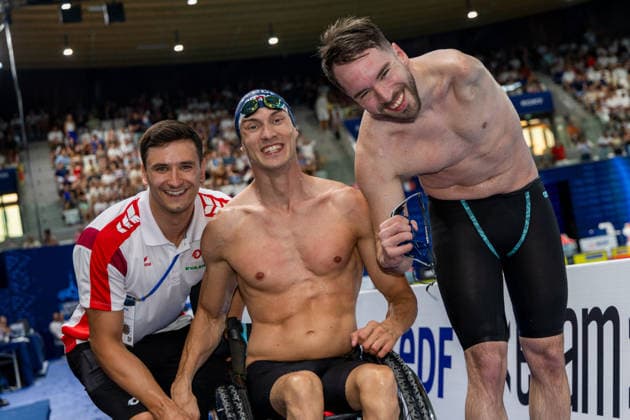 SWIMMING - EAC 2026 PARIS,FRANCE,15.AUG.26 - SWIMMING - European Aquatics Championships Paris 2026, 100m freestyle, men. Image shows Valentin Bayer, Andreas Ernhofer and Andreas Onea (AUT).  GEPAxpictures xPhilippxBrem
