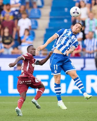 August 15, 2026, Vitoria, Alaba, Spain: Dakonam Djene of Getafe CF competes for the ball with Toni Martinez of Deportivo Alaves during the LaLiga EA Sports match between Deportivo Alaves and Getafe CF at Mendizorrotza on August 15, 2026, in Vitoria, Spain. Vitoria Spain - ZUMAa181 20260815_zaa_a181_018 Copyright: xRicardoxLarreinax