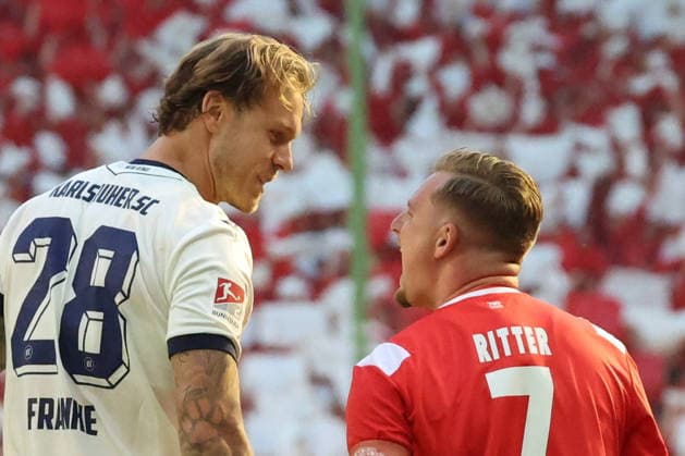 15.08.2026, xrekx, Fussball 2.Bundesliga, 1.FC Kaiserslautern - Karlsruher SC v.l. Marcel Franke (Karlsruher SC) Marlon Ritter (1.FC Kaiserslautern) (DFL DFB REGULATIONS PROHIBIT ANY USE OF PHOTOGRAPHS as IMAGE SEQUENCES and or QUASI-VIDEO) Kaiserslautern *** August 15, 2026, xrekx, Soccer 2. Bundesliga, 1 FC Kaiserslautern vs. Karlsruher SC, Marcel Franke (Karlsruher SC), Marlon Ritter (1 FC Kaiserslautern). DFL and DFB regulations prohibit any use of photographs as image sequences and or quasi-video. Kaiserslautern