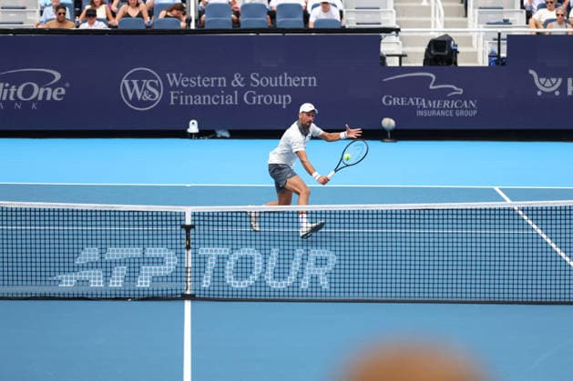 MASON, OHIO - AUGUST 15: Novak Djokovic of Serbia slices the ball during day five of the Cincinnati Open at the Lindner Family Tennis Center on August 15, 2026 in Mason, Ohio.  Copyright: xShainaxBenhiyoun SPPx Sportspressphoto_SPR207619