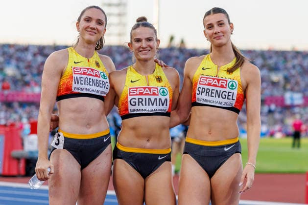 BIRMINGHAM, GREAT BRITAIN - AUGUST 15, 2026: Sophie WEIßENBERG (GER Germany), Vanessa GRIMM (GER Germany), Sandrina SPRENGEL (GER Germany) after the heptathlon during the European Athletics Championships at Alexander Stadium on August 15, 2026 in Birmingham, Great Britain. Great Britain Copyright: xAxelxKohringx
