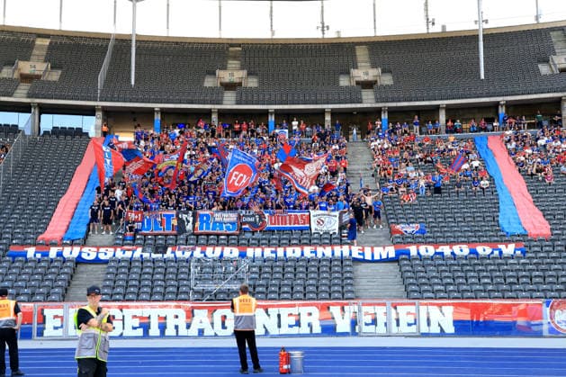 15.08.2026, DEU GER, Fussball , 2.Fussballbundesliga 2026 2027 (im Ligabetrieb zusätzlich: Spieltag, Saison 20xx 20xx), Berliner Olympiastadion, Hertha BSC vs. 1. FC Heidenheim 1846 Heidenheimer-Fanblock 2. Liga: DFB DFL regulations prohibit any use of photographs as image sequences and or quasi-video) Berlin Berliner Olympiastadion Berlin Deutschland *** August 15, 2026, Germany, Soccer, 2026–2027 Bundesliga 2, additional matchday during the regular season, 20xx–20xx season, Berlin Olympic Stadium, Hertha BSC vs. 1. FC Heidenheim 1846, Heidenheim fan section, 2nd Division. DFB and DFL regulations prohibit any use of photographs as image sequences and or quasi-video. Berlin, Berlin Olympic Stadium, Berlin, Germany Copyright: xNordphotox xEnglerx