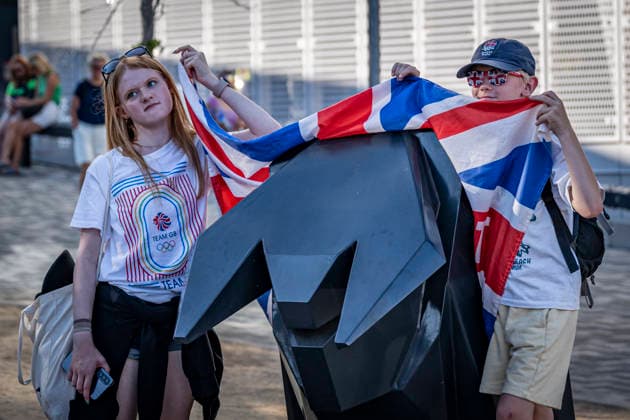 RECORD DATE NOT STATED 15th August 2026; Alexander Stadium, Birmingham, Midlands, England; 2026 European Athletics Championships, Day Six; Fans pose with Union Jack flags by the bull statue GodfreyxPitt
