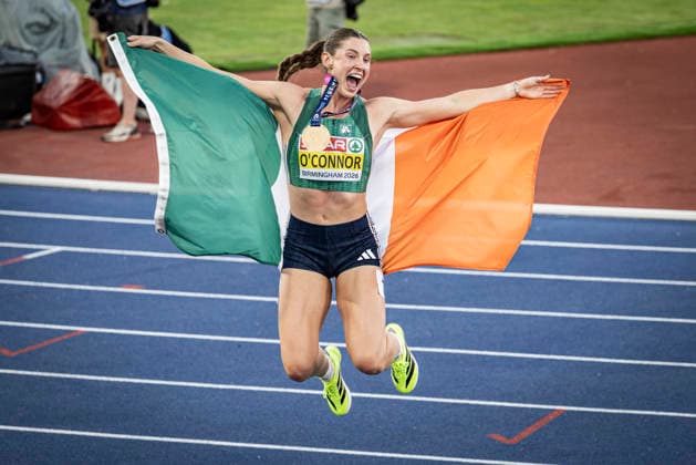 RECORD DATE NOT STATED 15th August 2026; Alexander Stadium, Birmingham, Midlands, England; 2026 European Athletics Championships, Day Six; Kate O Connor (IRL) celebrates winning the womens heptathlon GodfreyxPitt
